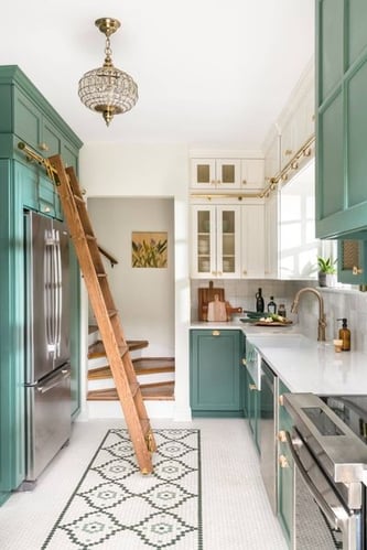 Green Kitchen Cabinets and Library Ladder