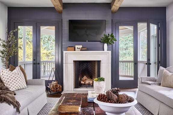 Living Room with Wood Beam Ceilings in Full Home Remodel